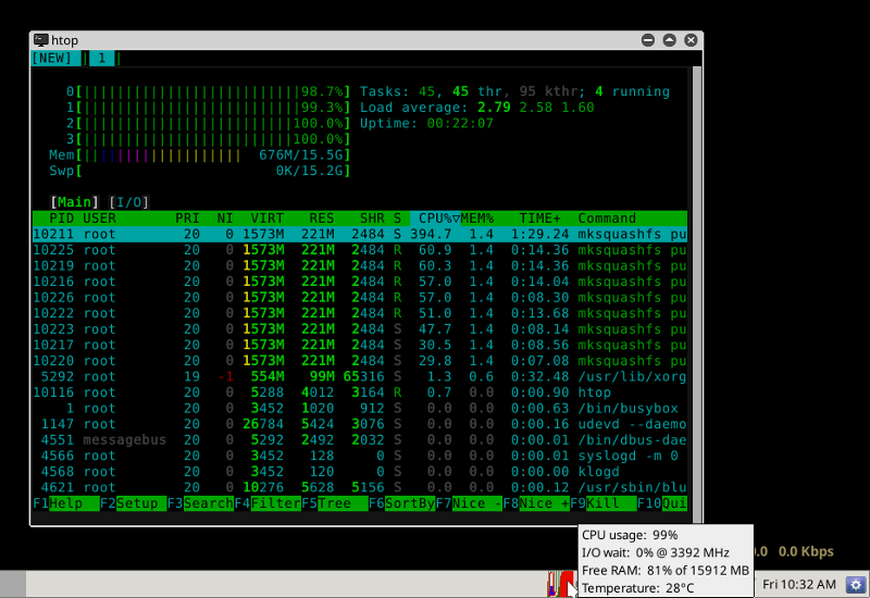 htop launched, CPU usage, I/O wait, Free Ram &amp; Temperature from Gatotray icon